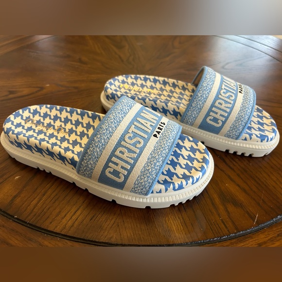 Christian Dior Dway Blue White Logo Houndstooth Slide Sandal EU 37.5 - Picture 1 of 5